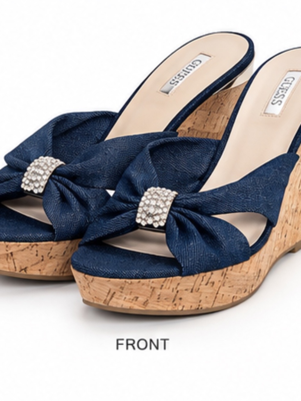 GUESS Betzy2 Dark Blue Cork Wedge Sandals Rhinestone Bow Size 8